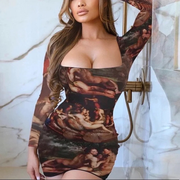 Plt Shape Multi Renaissance Print Mesh Square Neck Bodycon Dress, Size 10, NWOT - Picture 1 of 11